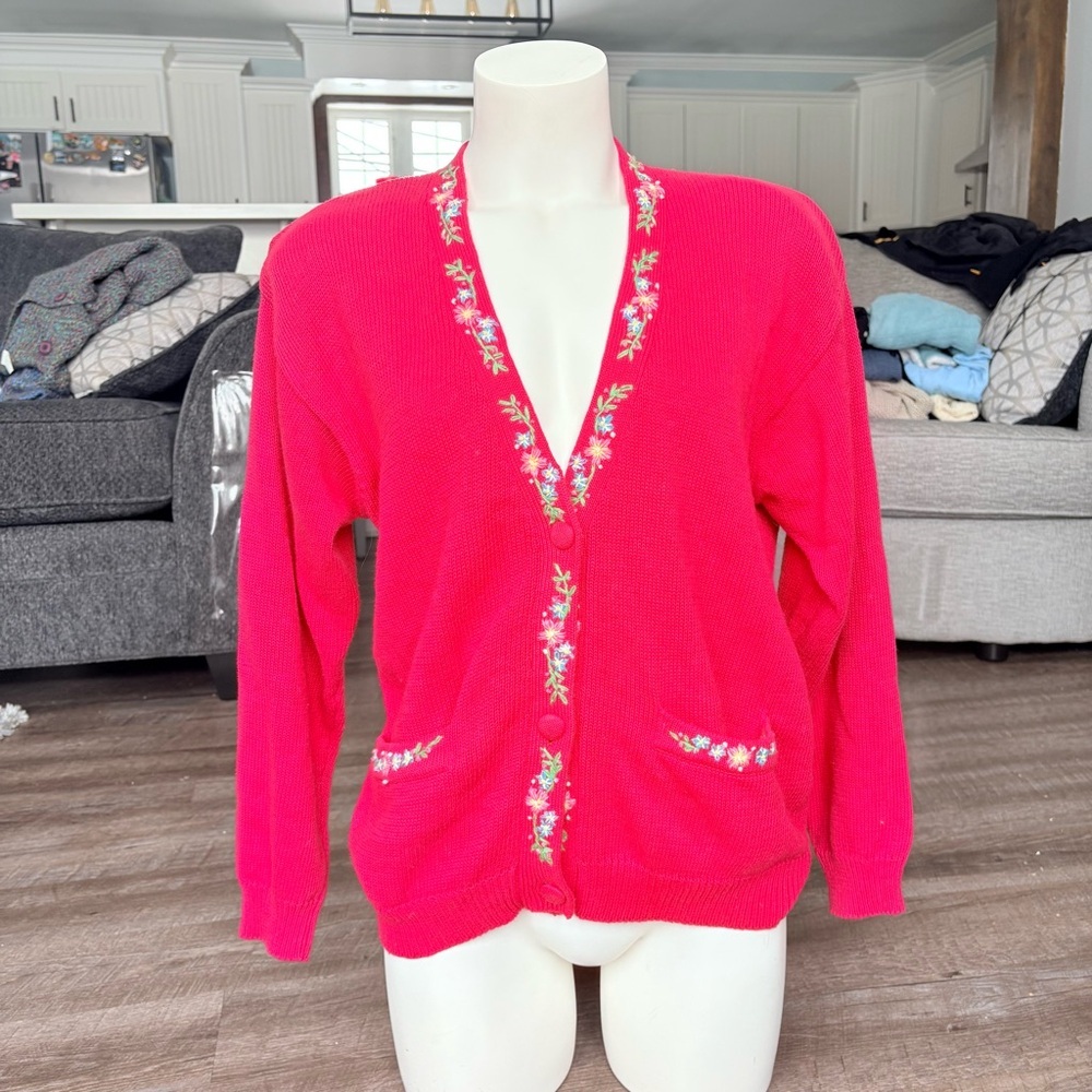 Red Floral Cardigan | Cottagecore Embroidery Ramie Cotton Knit Grandma Core - Picture 7 of 12